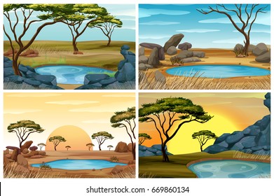 Four scenes of savanna field with waterhole illustration