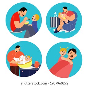 four scenes, a set of dad on maternity leave, a man with a child, bathing, feeding, walking