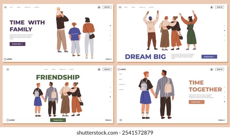 Four scenes showcasing family time, aspirations, and friendship. Ideal for family, friendship, teamwork, social media campaigns, emotional bonds. Modern flat style featuring diverse characters in