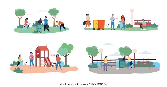 Four scenes showing the community collecting garbage in public spaces to save the ecology and planet from pollution, set of cartoon flat vector illustrations isolated on white backgrond