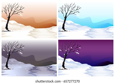 Four scenes of snow field in different color sky illustration