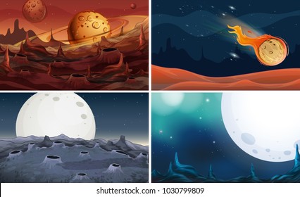 Four scenes of space with moon illustration