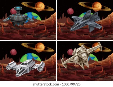 Four scenes of spaceship flying in space illustration