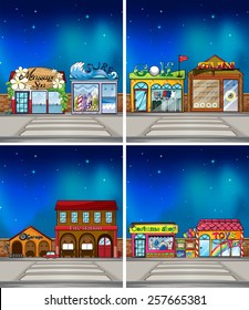 four scenes of stores at night