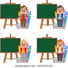 Four scenes of a teacher with different chalkboards.