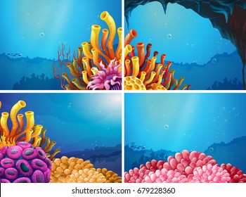 Four scenes under the ocean illustration