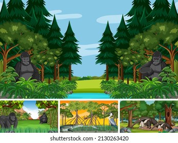 Four scenes with wild animals in the forest illustration