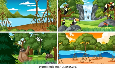 Four scenes with wild animals in the forest illustration
