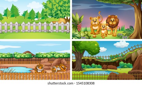 Four scenes with wild animals illustration