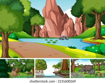 Four scenes with wild animals in jungle illustration