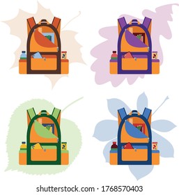 Four school backpacks on a background of leaves from trees. 
Vector image. Whole items. Transparent background. In the bag you can put a bottle, a light snack, notebooks, stationery, a ruler, pencils.