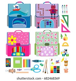 Four school backpacks and school supplies