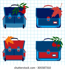 Four school bags with  maple leaves and rowan