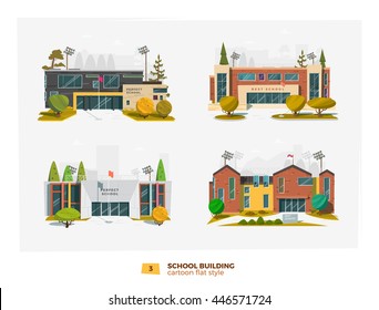 Four school building in flat cartoon style. 