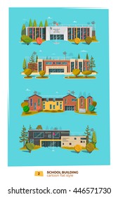 Four school building in flat cartoon style. 