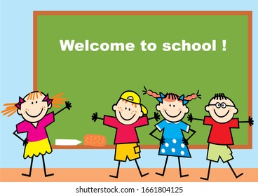 Four school children in front of chalkboard, funny vector illustration