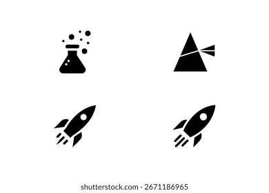 Cuatro iconos espaciales de ciencia frasco prisma cohete vaso burbujas