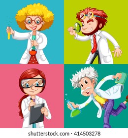 Four scientists doing experiments illustration