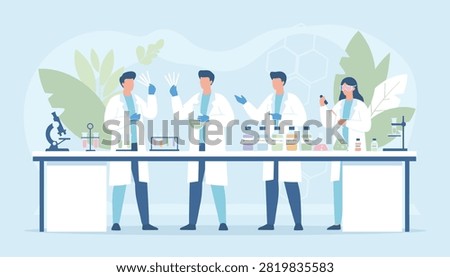 Four scientists in lab coats conducting chemical experiments at long laboratory workbench.