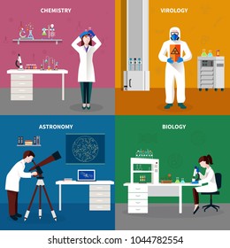 Four scientists people concept set with chemistry virology astronomy and biology descriptions vector illustration