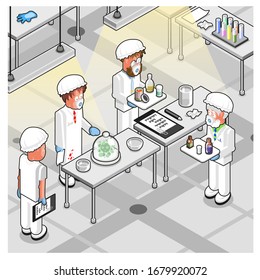Four scientists working in laboratory researching a virus (vector illustration, isometric style)