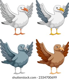 Four seagulls standing with open wings, ready to fly, isolated on a white background