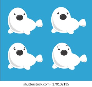 four seals with different emotional condition: calm, sad, angry, surprised on blue background isolated vector