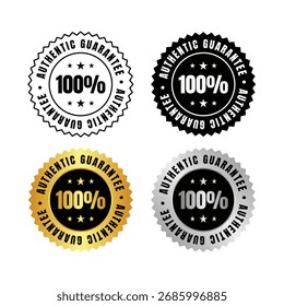 quatro selos são exibidos, cada um com uma garantia autêntica. um é preto, um é ouro, um é prata e um é um desenho de linha. todos têm estrelas e uma borda irregular. o design é nítido e limpo.