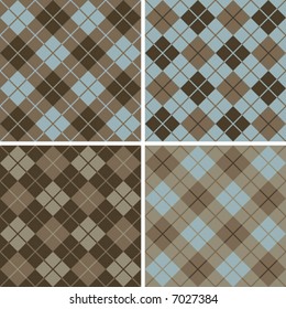 Four seamless 6" repeating vector argyle patterns in soft browns and light blue.