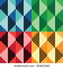 Four seamless abstract geomatrical pixel diamond patterns