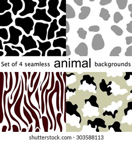 Four seamless animal patterns. Giraffe, dog, cow, zebra. Safari collection. Abstract vector backgrounds. Backgrounds & textures shop.