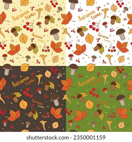 Four seamless autumn patterns with leaves, acorns, mushrooms and berries. Vector illustration. Variations on a white, beige, green and brown background. For textile, backgrounds, gift paper, cards.