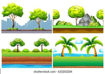 Cuatro diseños de fondo impecables con ilustración de árboles verdes
