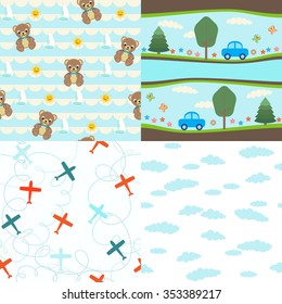 Four seamless backgrounds for little baby (boys) with teddy-bears, airplanes, sea, sun, clouds, cars, flowers, nautilus, butterfly and trees