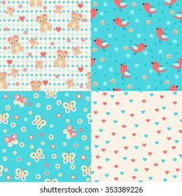 Four seamless backgrounds for little baby (girls) with teddy-bears, butterflies and flowers