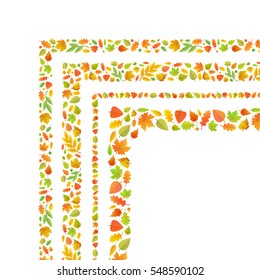 Four seamless borders and corners made from cute autumn leaves isolated on white