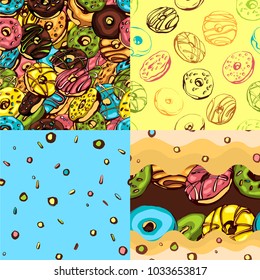 Four seamless donut patterns. Vector hand drawned with bright colors. Sweet and glazed.