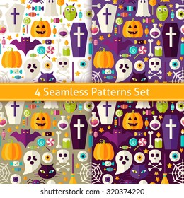 Four Seamless Halloween Party Patterns Set. Flat Style Vector Seamless Texture Backgrounds. Collection of Halloween Holiday Templates. Trick or Treat