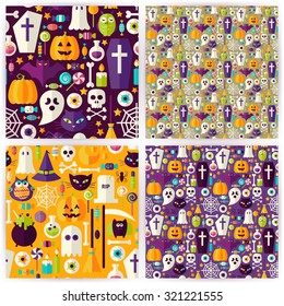 Four Seamless Halloween Party Patterns Collection. Flat Style Vector Seamless Texture Backgrounds. Collection of Halloween Holiday Templates. Trick or Treat