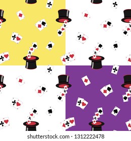 Four seamless magic show patterns on 4 different backgrounds - yellow, white, transparent, purple. Repeat pattern of top hats and cards.