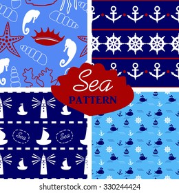 four seamless marine pattern in white, blue, red colors