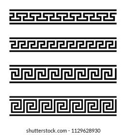 Four seamless meander designs. Meandros, a decorative border, constructed from continuous lines, shaped into a repeated motif. Greek fret or Greek key. Black and white illustration over white. Vector.