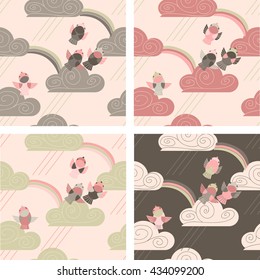 Four seamless pattern with birds, clouds, rain and rainbow
