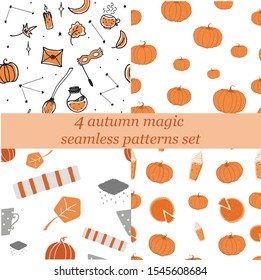 Four seamless pattern design set. Autumn decoration with in vector