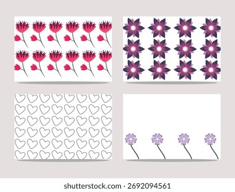 Diseño floral de cuatro patrones sin fisuras en Colores y Formas brillantes