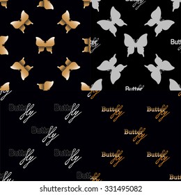 Four seamless pattern with golden butterflies and text butterfly on black background. Vector set decorative illustration. 