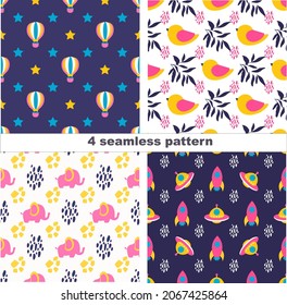 Four seamless pattern for kids.  Baby print. Flat style childrens background. Vector illustration for baby and kids design, t-shirt print, nursery decoration, post  for fabrics, paper, textile, 