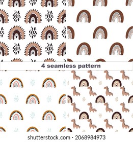 Four seamless pattern  for kids. Set of hand drawn vector abstract doodle patterns. Seamless geometric backgrounds. Ink doodles. Rainbow, dinosaur, dots, rain drops.