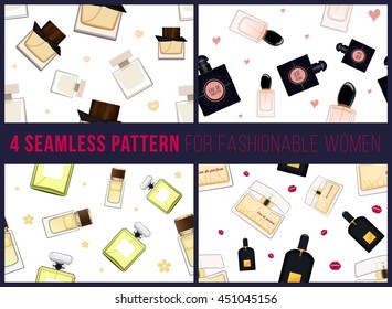 Four seamless pattern with perfume for fashionable women.