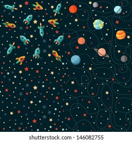Four seamless pattern of planets, rockets and stars. Cartoon planet icons. Kid's elements for scrap-booking. Childish background. Hand drawn vector illustration. 